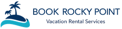 Logo for Book Rocky Point vacation rentals, featuring a palm tree on an island with waves, and text.