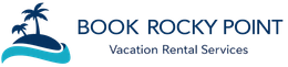 Logo for Book Rocky Point vacation rentals, featuring a palm tree on an island with waves, and text.