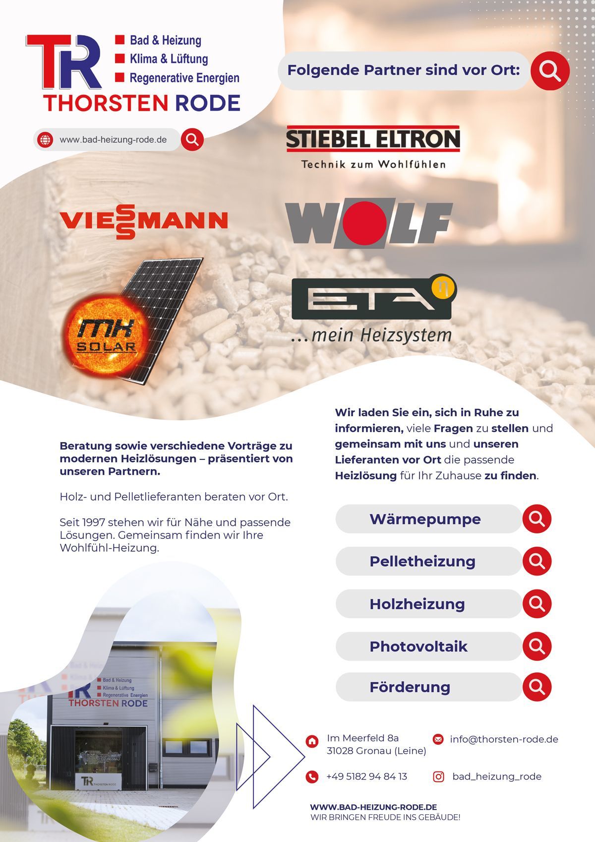 Broschüre für Thorsten Rode, ein Heizungs- und Sanitärinstallationsunternehmen. Enthält Logos von Partnerunternehmen.