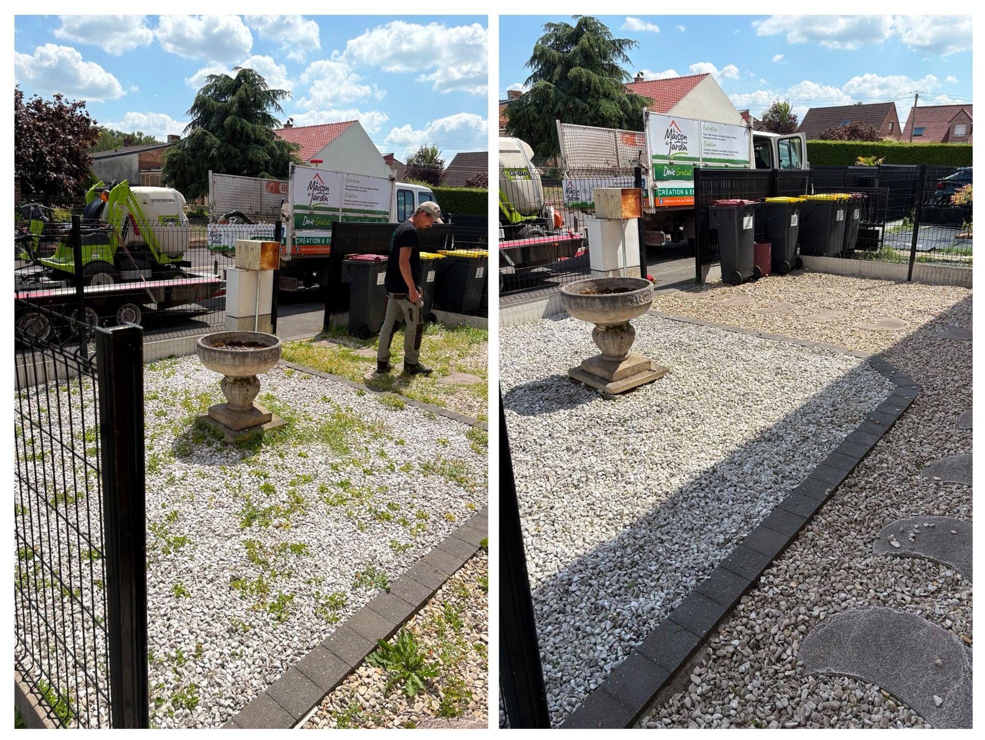 Deux vues d'un chemin de jardin en gravier avec un piédestal en pierre, une clôture noire et un panneau près d'un bâtiment.