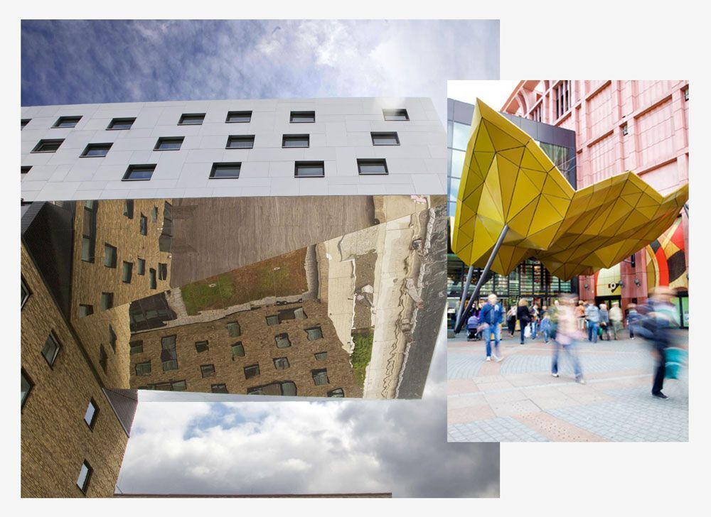 Eine Collage aus Bildern zeigt ein Backsteingebäude und ein gelbes Gebäude