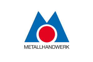 Ein blau-rotes Logo für Metallhandwerk mit einem roten Kreis in der Mitte