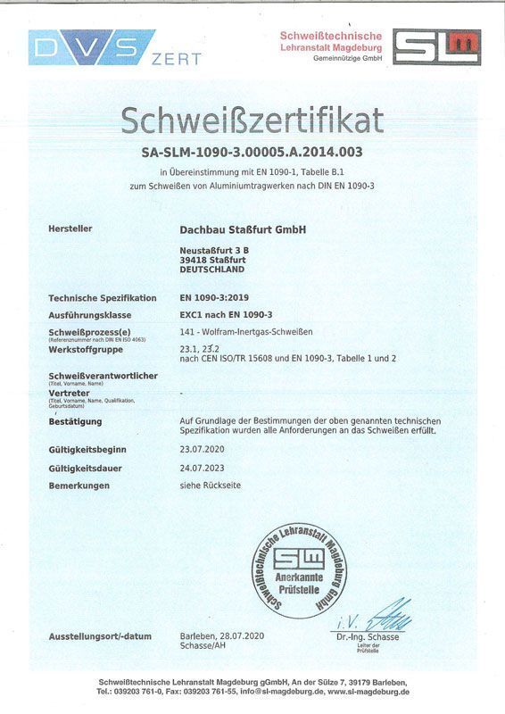 Auf weißem Hintergrund steht ein Zertifikat mit der Aufschrift „Schweißzertifikat“.