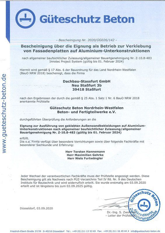 Ein Zertifikat mit der Aufschrift „Güteschutz Beton“