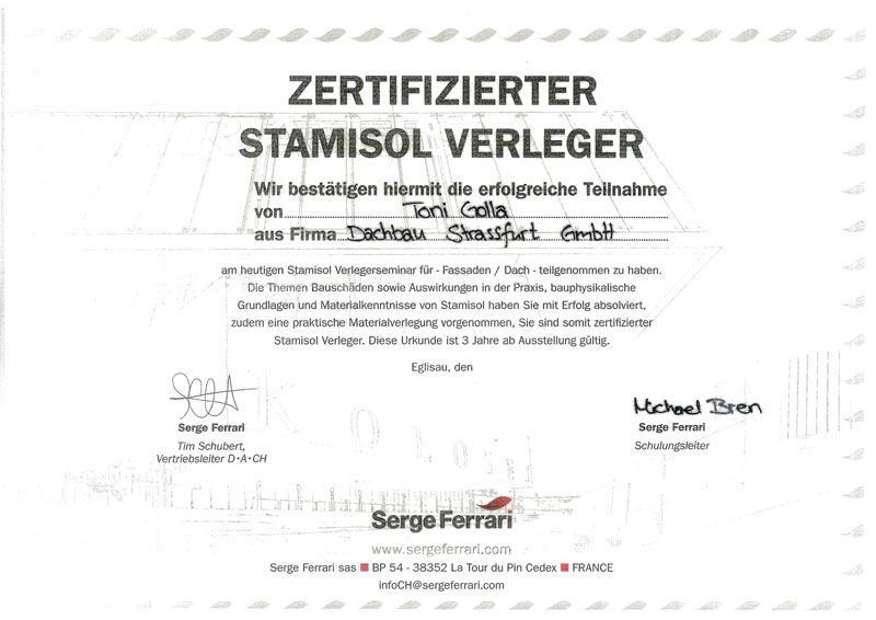 A certificate that says zertifizierter stamisol verleger on it.