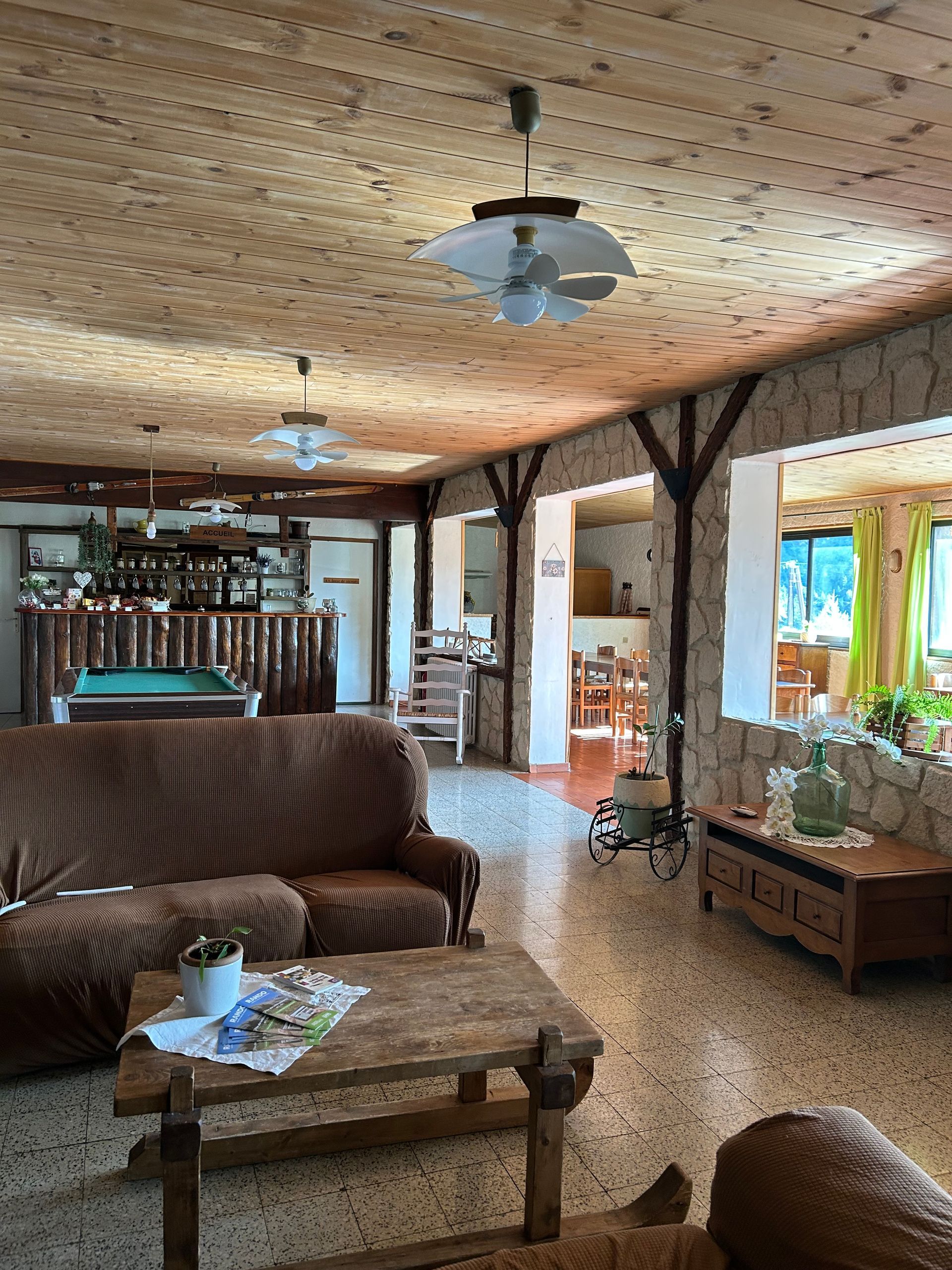 Salon rustique avec canapé marron, table basse, plafond en bois et grandes fenêtres.