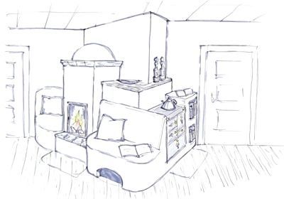 Skizze eines gemütlichen Wohnraums mit Kachelofen, Küchenherd, Sofa, Lampe und Tür in Schwarzweiß.
