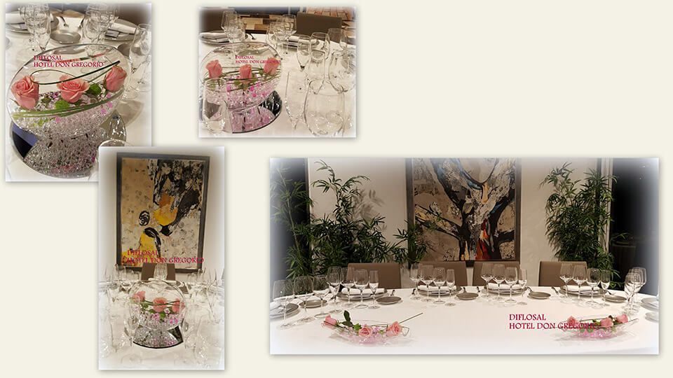 Cuatro fotografías insertadas de una mesa formal con centros de mesa florales, copas de cristal y un fondo.