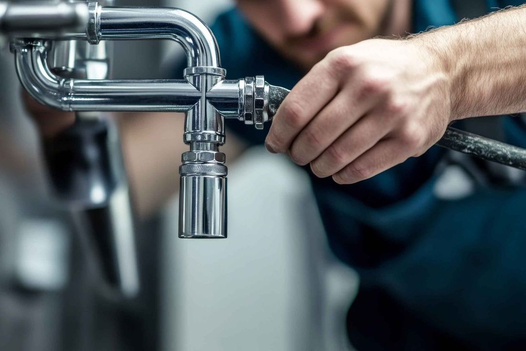 Un fontanero está arrodillado en el suelo arreglando un lavabo en un baño.