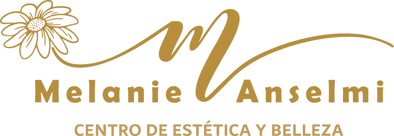 Logotipo para "Melanie Anselmi Centro de Estética y Belleza" con una margarita y una "M" estilizada.