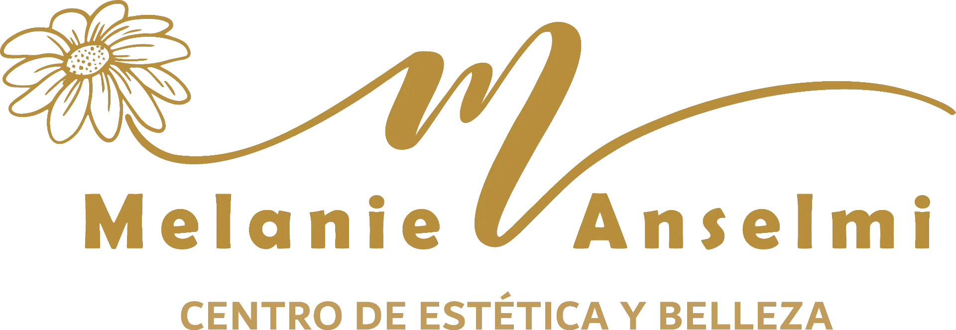 Logotipo para "Melanie Anselmi Centro de Estética y Belleza" con una margarita y una "M" estilizada.