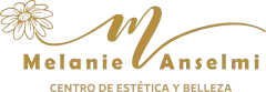 Logotipo para "Melanie Anselmi Centro de Estética y Belleza" con una margarita y una "M" estilizada.