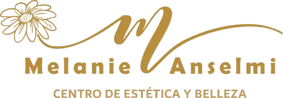 Logotipo para "Melanie Anselmi Centro de Estética y Belleza" con una margarita y una "M" estilizada.