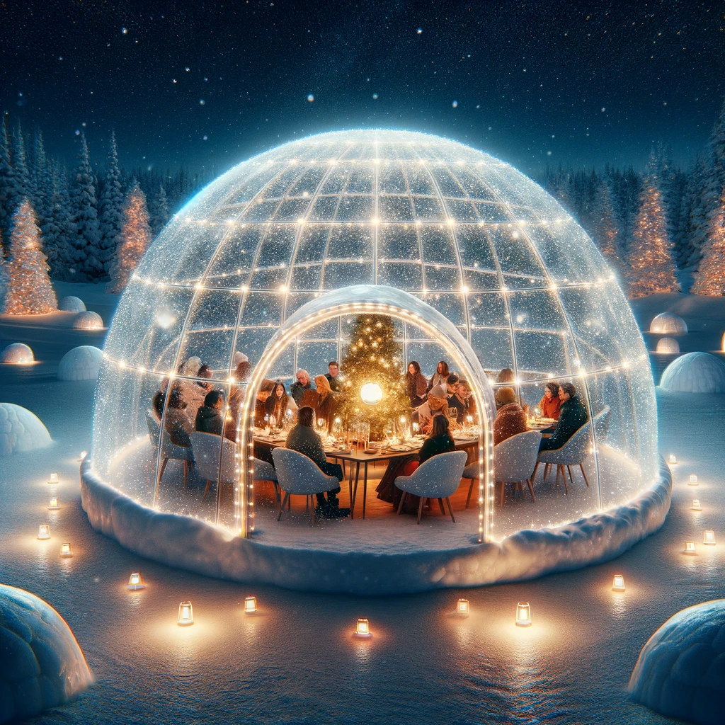 a group of people are sitting around a table in an igloo in Lake Geneva