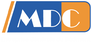 Logo MDC avec un rectangle arrondi bleu et orange et des lettres blanches