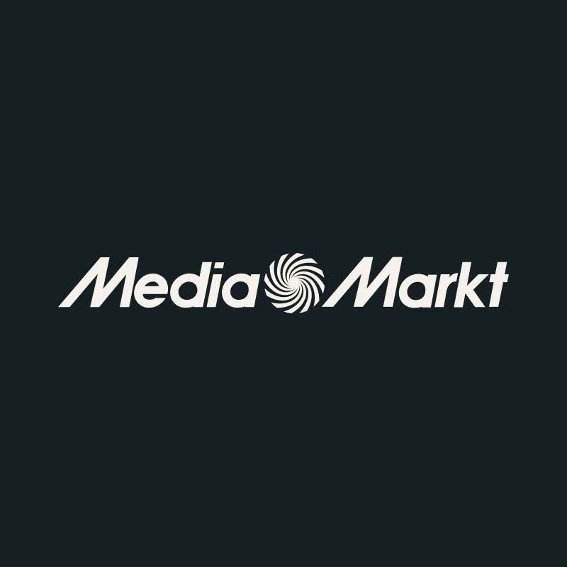 Logotipo de MediaMarkt en blanco sobre fondo oscuro