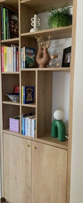 Bibliothèque en bois avec des livres, des objets de décoration et une lampe arquée verte.