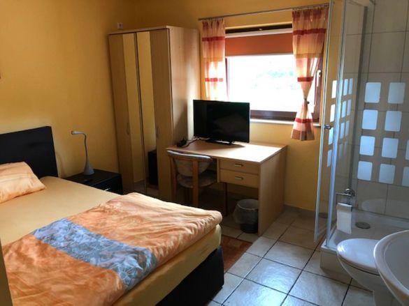 A bedroom with a bed , desk , television and shower.