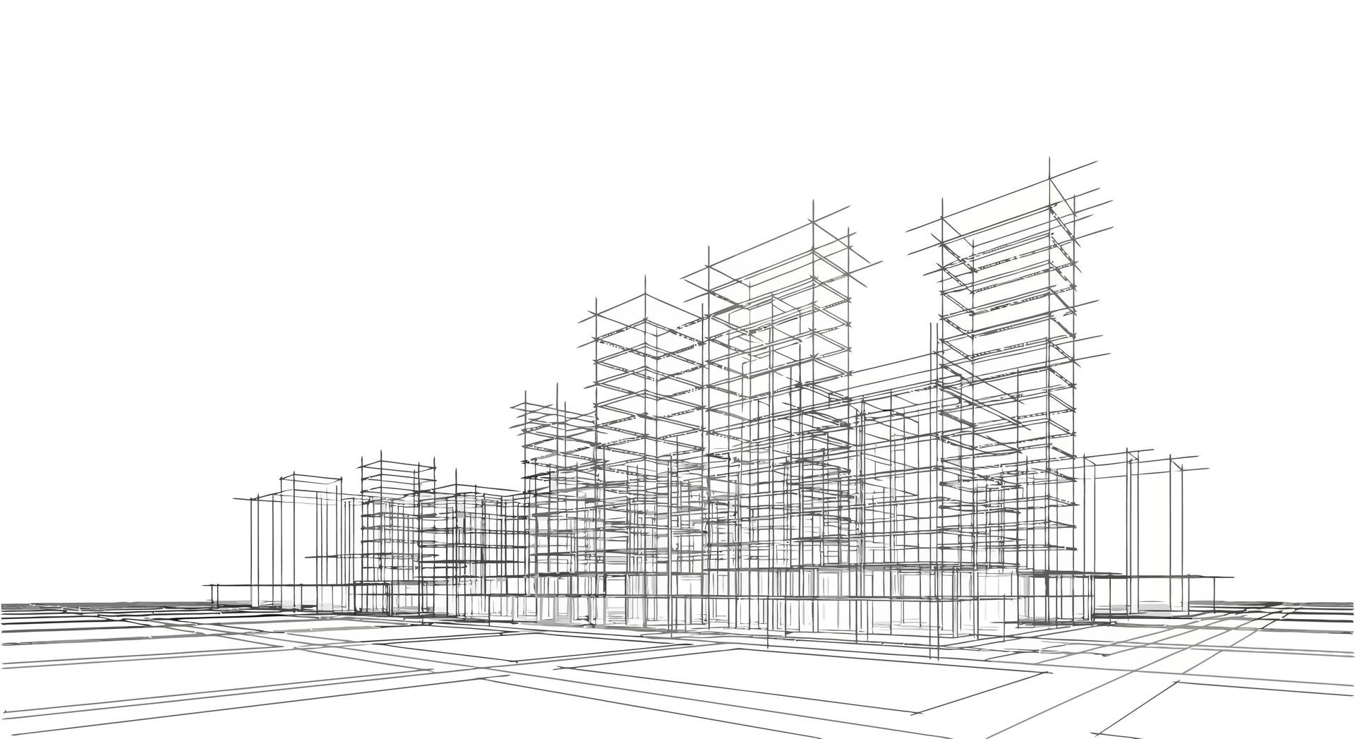 Croquis en noir et blanc d'immeubles de grande hauteur modernes dans une ville en construction.