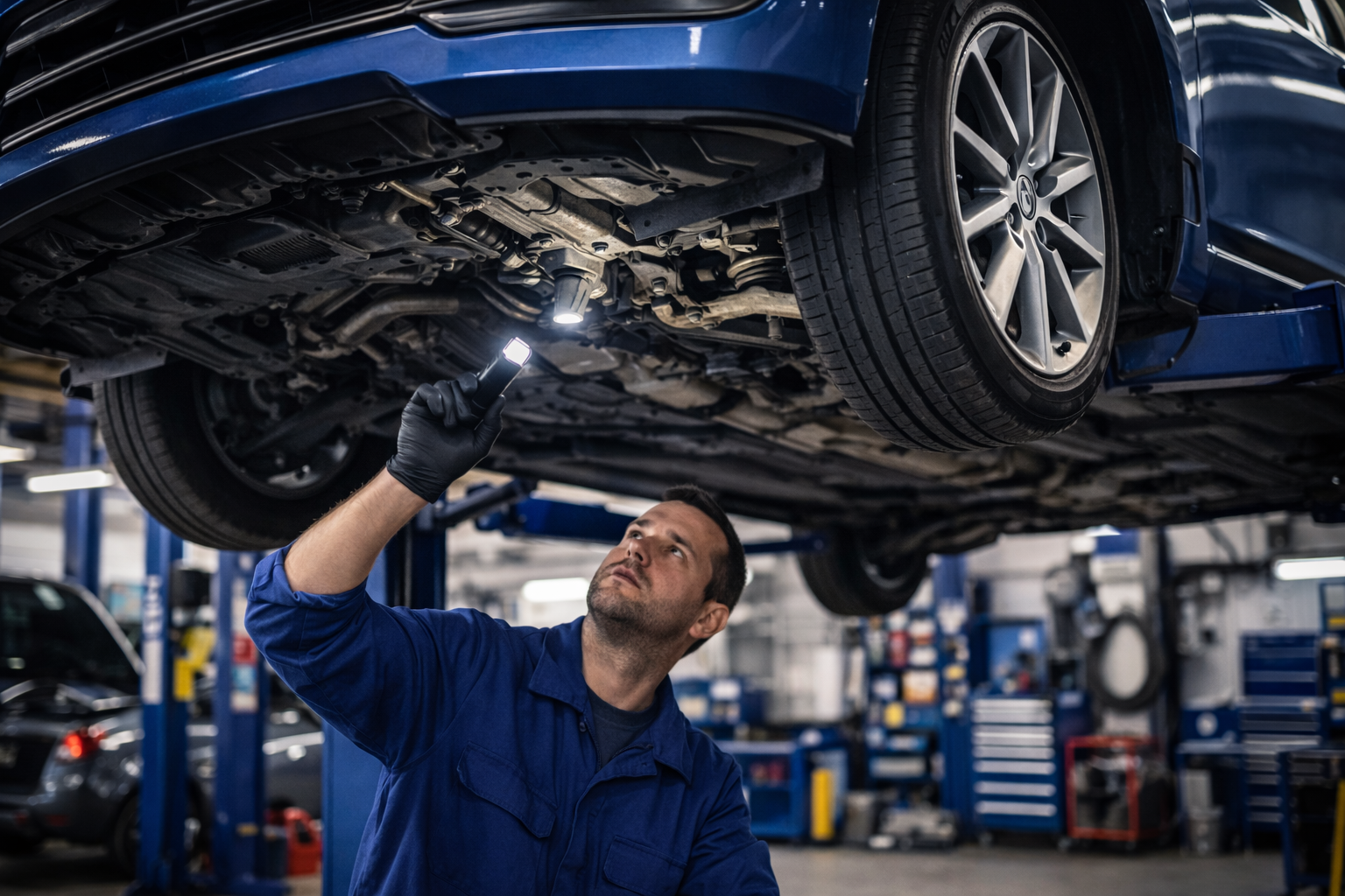 Asentaja tarkastaa auton alustaa määräaikaishuollon yhteydessä.