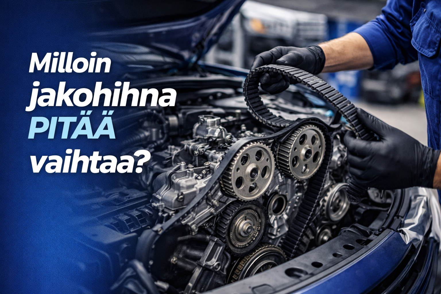 Jakohihnan vaihto auton moottorissa . Automekaanikko tarkistaa jakohihnan kuntoa korjaamolla.