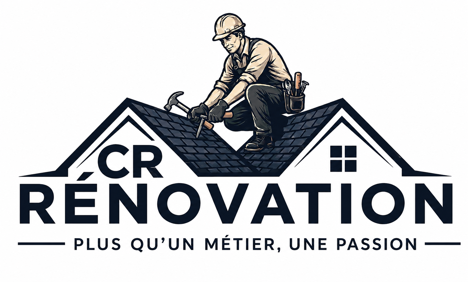 Vers accueil CR RENOVATION logo with a roofer on a house roof and the slogan “Plus qu’un métier, une passion”