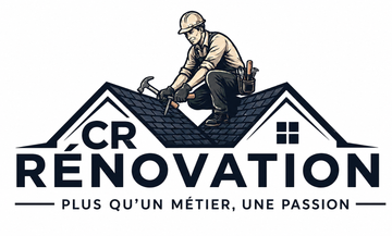 Vers accueil CR RENOVATION logo with a roofer on a house roof and the slogan “Plus qu’un métier, une passion”