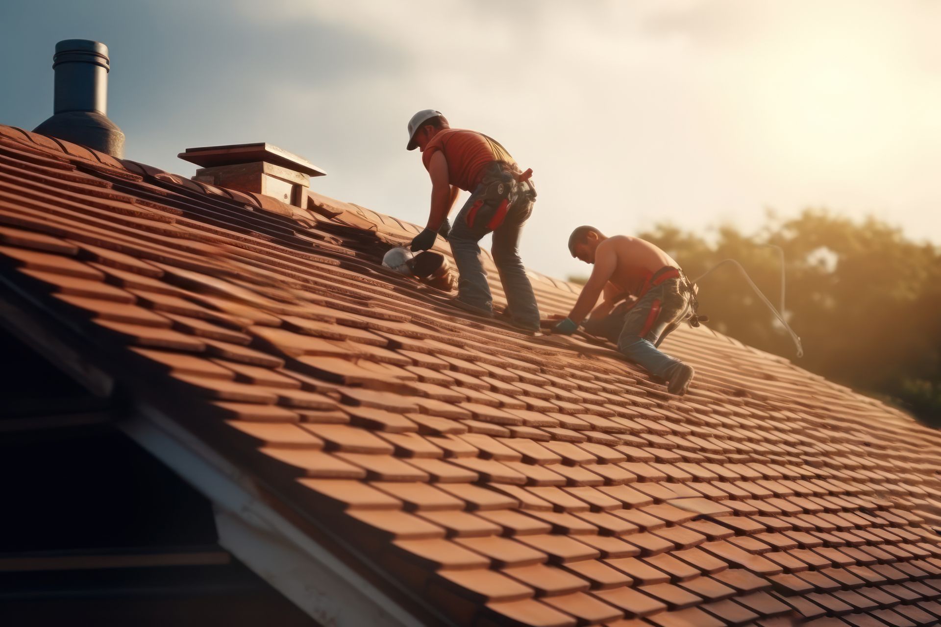 Deux ouvriers réparent les tuiles rouges du toit d'une maison au coucher du soleil
