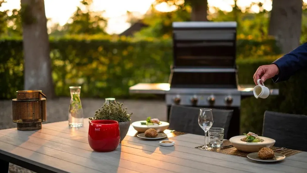 Eettafel buiten gedekt voor een maaltijd, bij een grill, iemand giet er saus overheen.