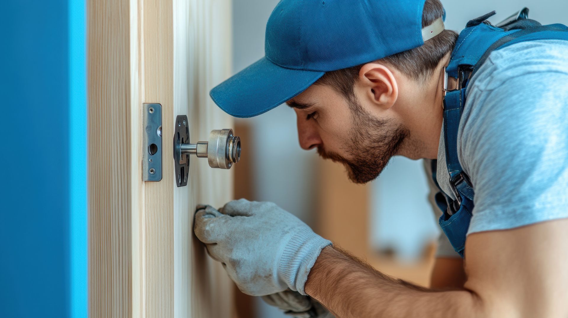 Cerrajero con gorra azul y ropa de trabajo reparando una cerradura de puerta.