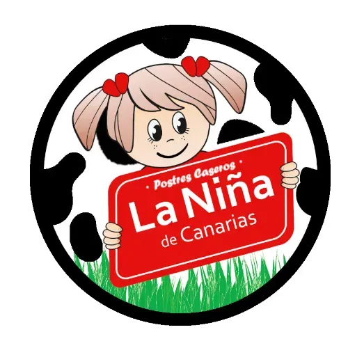 A logo featuring a cartoon character holding a red sign reading "Postres Caseros La Niña de Canarias" over grass.