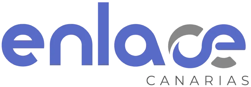 El logotipo de Enlace Canarias presenta la palabra "enlace" en azul, con un símbolo "ce" estilizado y "CANARIAS" en gris debajo.