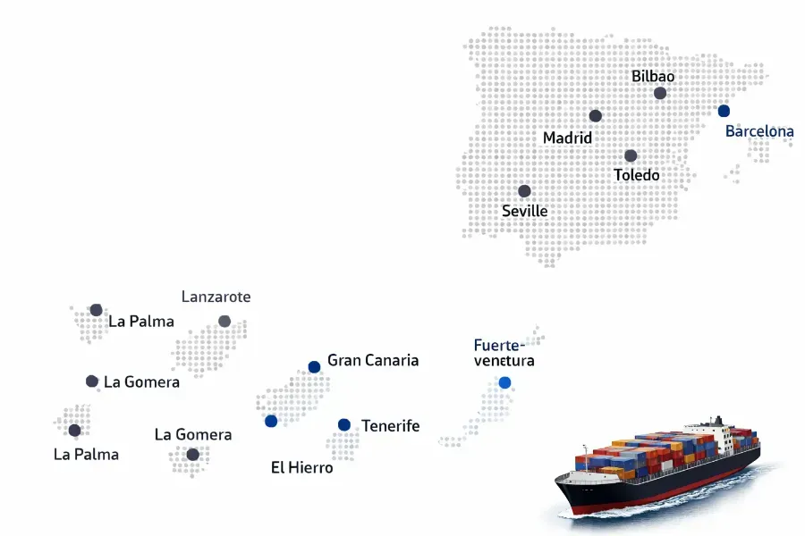Mapa de España y las Islas Canarias con la ubicación de las principales ciudades y un icono de un buque de carga que representa las rutas logísticas.