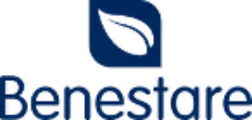 El logotipo de Benestare: un cuadrado redondeado de color azul oscuro que contiene la silueta de una hoja blanca sobre la palabra "Benestare" en azul.