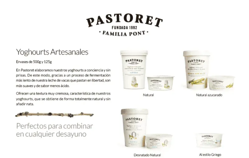 Anuncio publicitario de Pastoret que muestra cuatro tipos de yogures artesanales con sus respectivos envases.