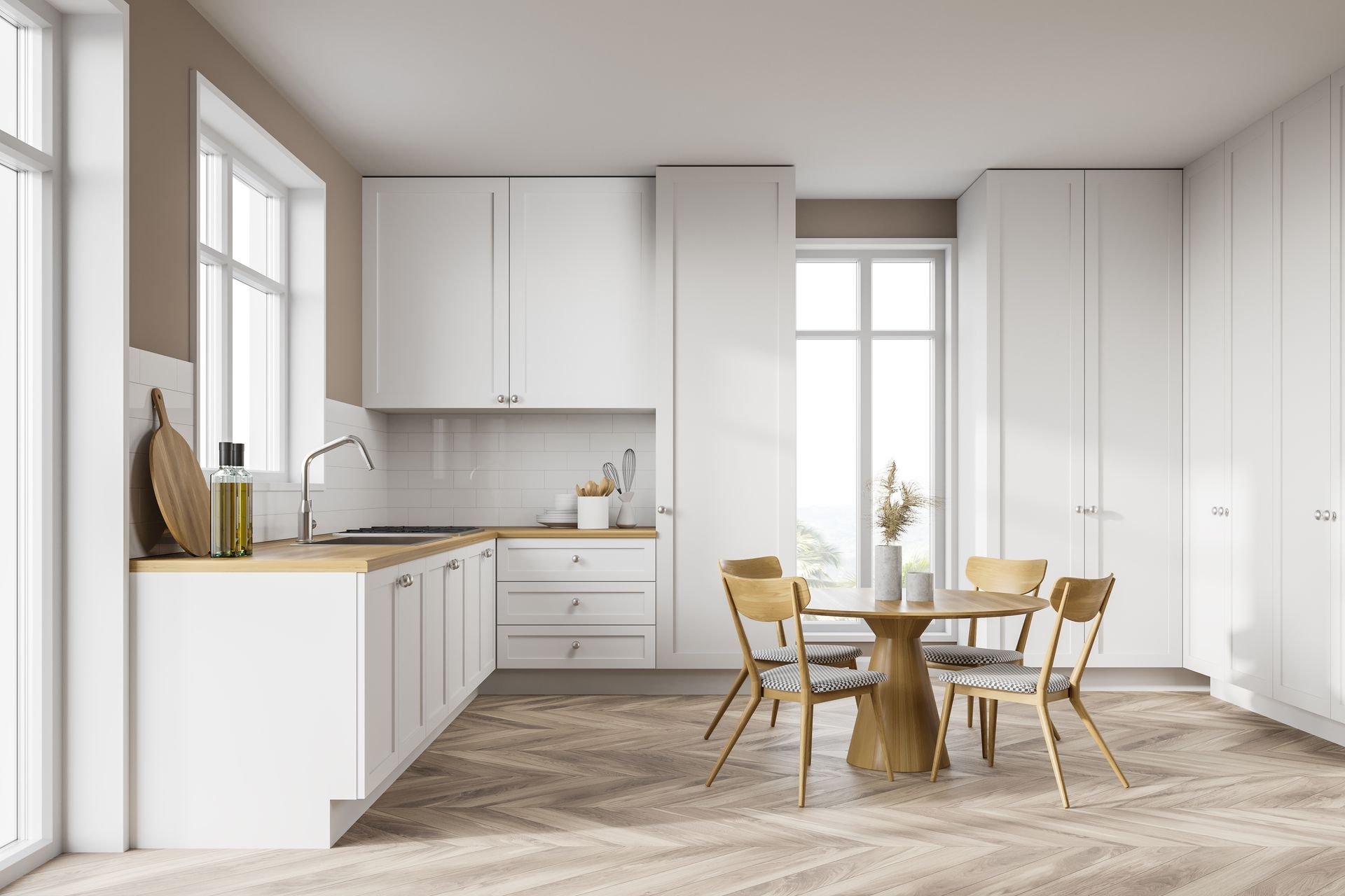 Cuisine blanche avec des meubles en bois