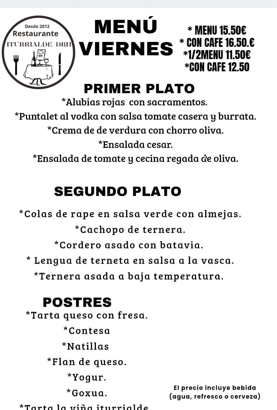 Menú para el viernes, con primer plato, segundo plato y postres con precios.