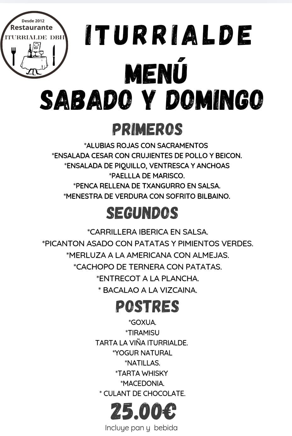 Menú del restaurante Iturrialde con primeros, segundos y postres. Precio: 25,00 €.