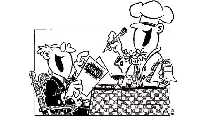 El chef entrega el menú a un comensal en una mesa de restaurante con flores y mantel a cuadros.