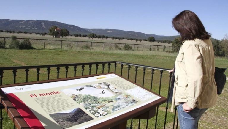 Una persona lee un cartel de una exposición al aire libre junto a un campo vallado con montañas al fondo.