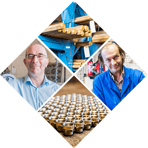 Trois photos en diamant d'ouvriers d'usine et de pièces en laiton sur une chaîne de montage