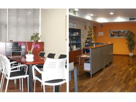 Dos fotografías de una habitación con una mesa y sillas.