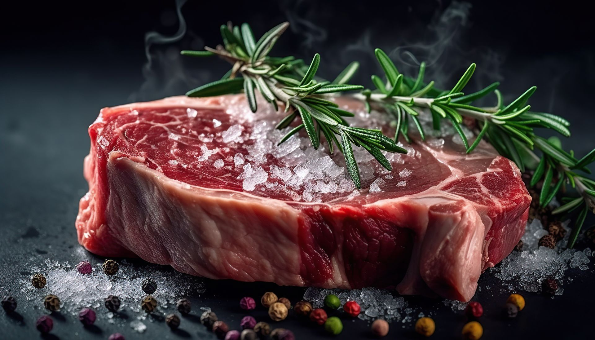 Un pezzo di bistecca cruda con rosmarino e pepe su un tavolo. Osteria Teatro Unione L'Entrecôte 