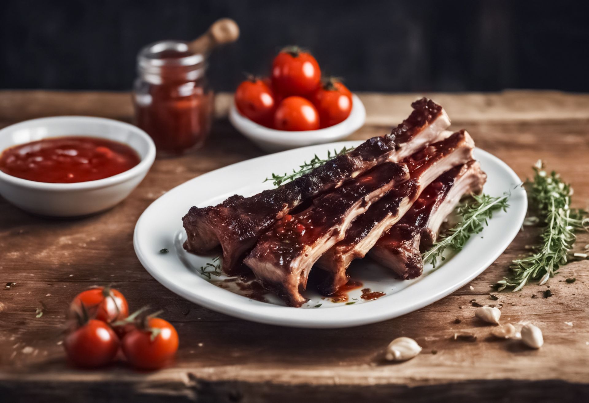 Un piatto bianco con sopra costolette e pomodori su un tavolo di legno.