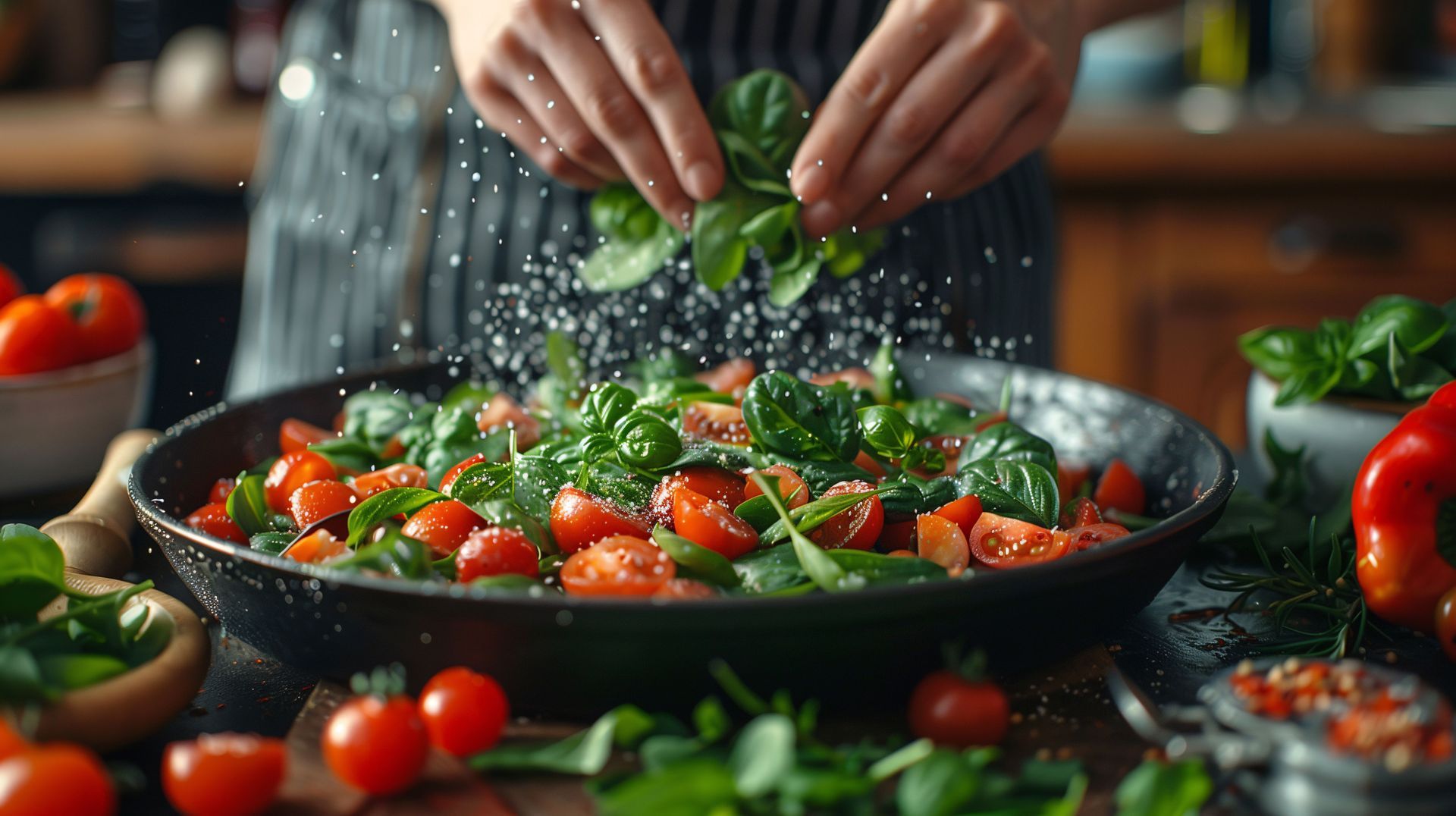 Una persona sta cospargendo di sale una padella con pomodori e basilico.