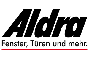 A black and red logo for aldra fenster , türen und mehr
