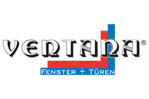 A logo for ventana fenster + türen on a white background