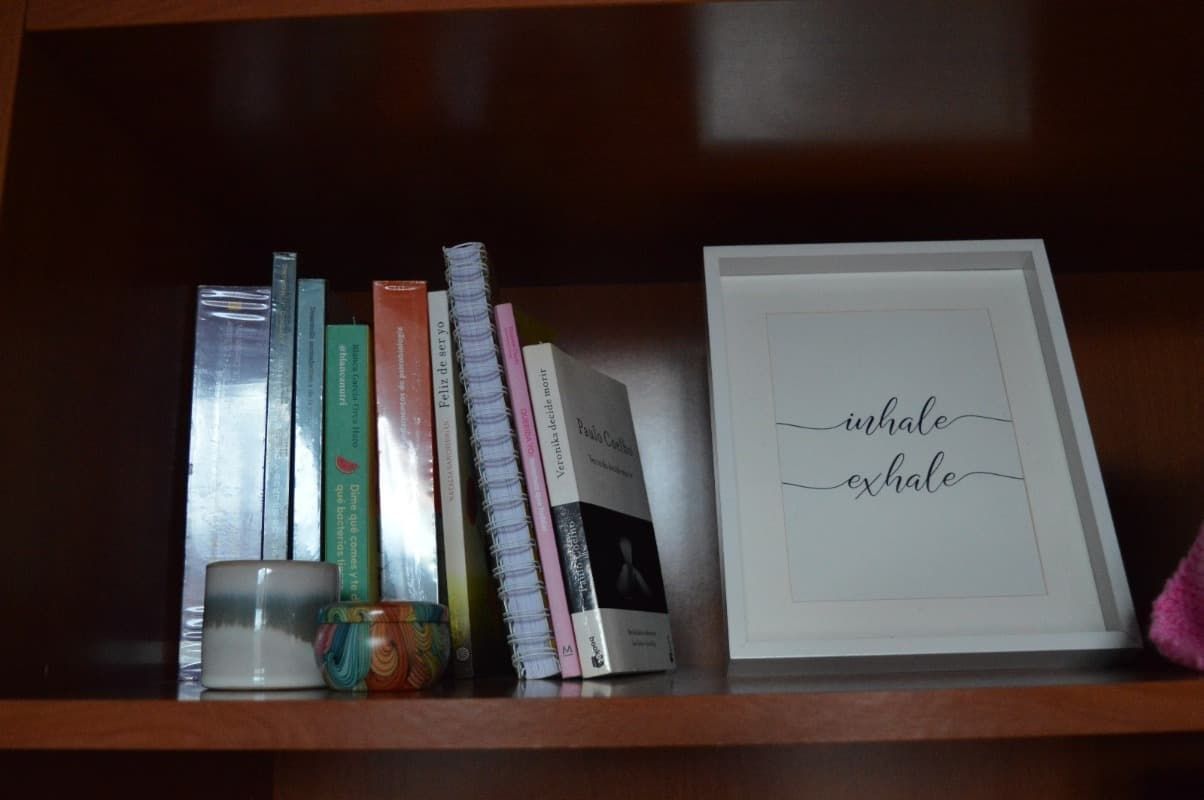 Un estante lleno de libros y un cuadro enmarcado que dice lo que respiro.