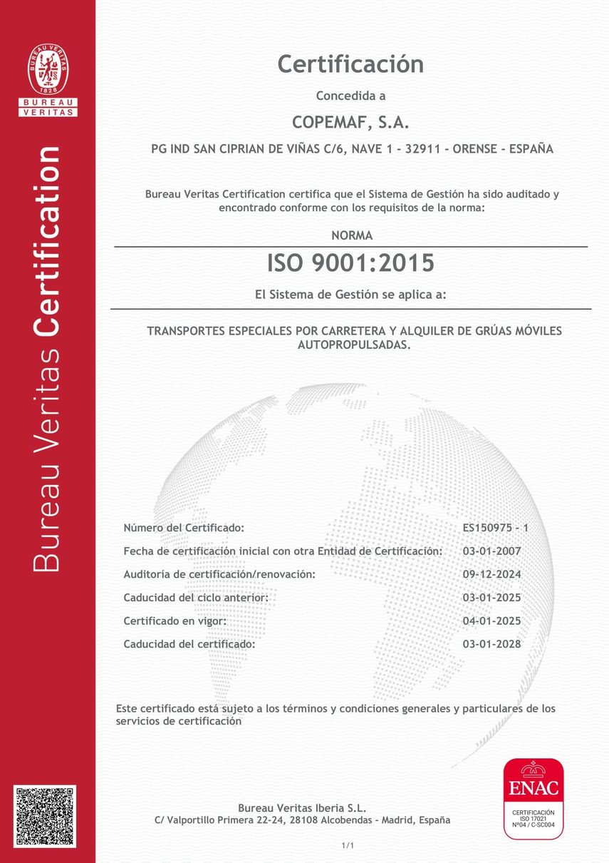 Certificado de Bureau Veritas Certification ISO 9001 2015