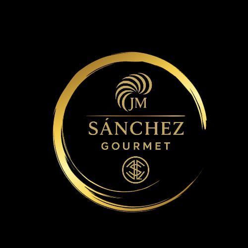 Logotipo dorado: Texto "JM S&Aacute;NCHEZ GOURMET" un c&iacute;rculo dorado, con un dise&ntilde;o estilizado y el s&iacute;mbolo "SG". Fondo negro.